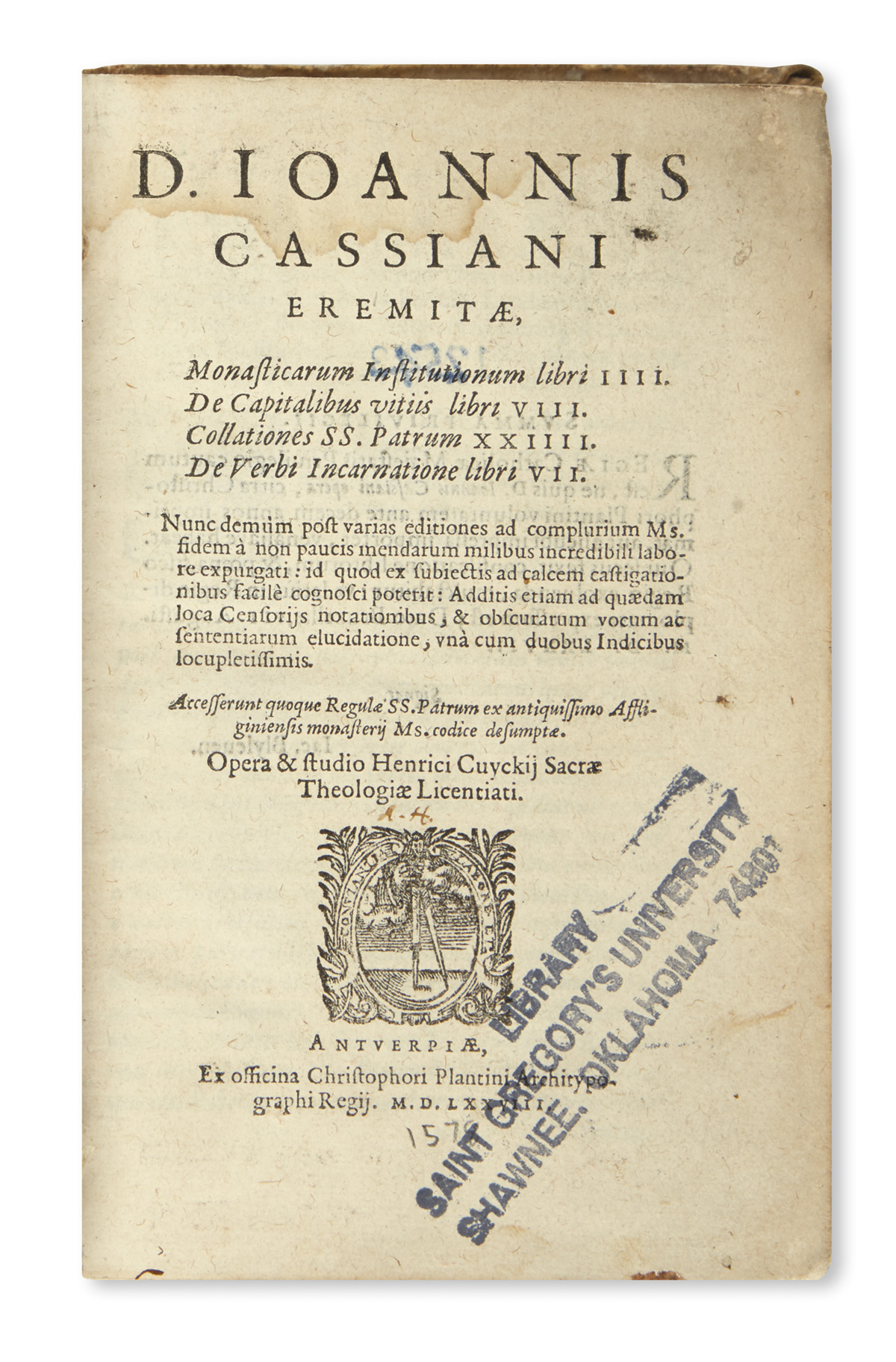 CASSIANUS, JOANNES. Monasticarum Institutionum libri IIII.  1578